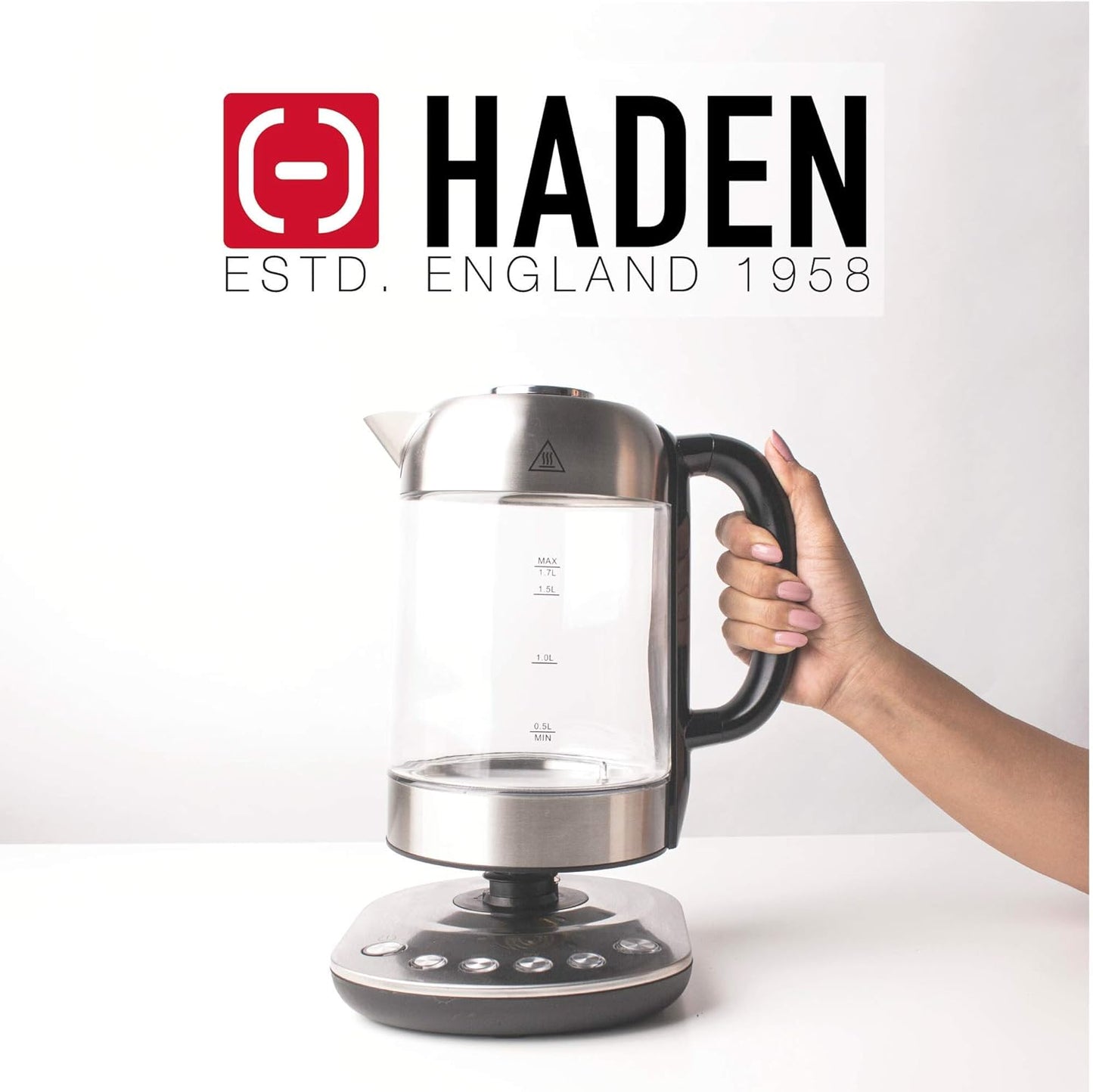 Haden Richmond Variable Temperature Control Kettle - Stainless Steel & Glass - 3000W Fast Boil & Quiet Electric Kettle - 1.7ltr Capacity - Keep Warm Function