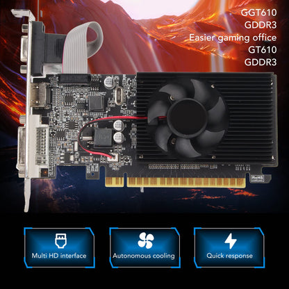 GT610 1G Gaming Graphics Card, 1GB DDR3 64bit Discrete PC Graphics Card, 810MHZ, 1800MHz, PCI Express 2.0 X 16, DVI VGA HDMI, with Mute Cooling Fan