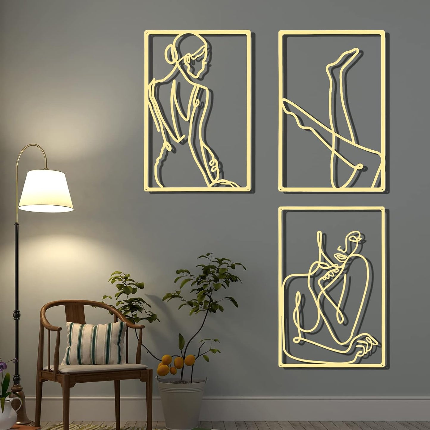 CHENGU 3 Pieces Metal Minimalist Abstract Woman Wall Art Line Drawing Wall Art Decor Single Line Female Home Hanging Wall Art Decor for Kitchen Bathroom Living Room (Black, Hand)