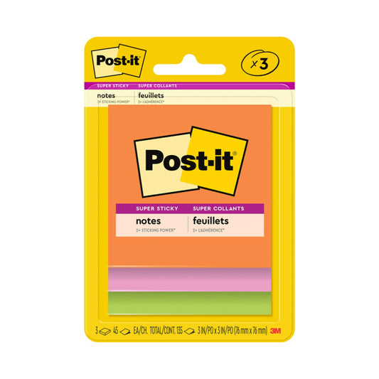 Post-it Super Sticky Notes 3 x 3 in (76 x 76 mm) 3321 | Rio Assorted colors | Extra Sticky Notes | For Note Taking, To Do Lists | Clean Removal | No damage | Recyclable | 45 sheets/pad | 3 pads/pack