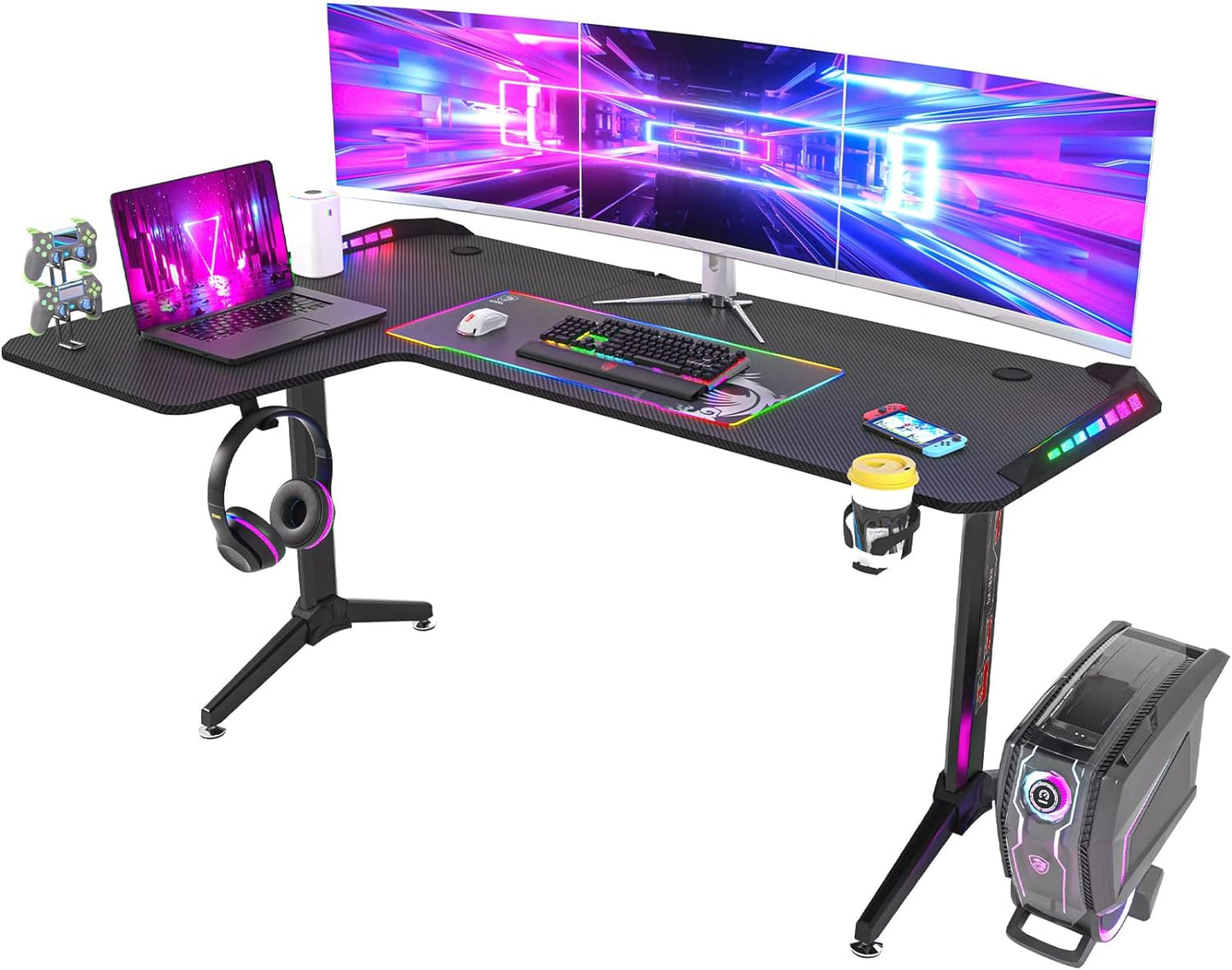 L-Shaped Gaming Desk Computer Workstation: 160 x 100cm Large Corner Game Table Carbon Fiber Black Desktop Gamer Desks with 6 Colors 8 Modes RGB Light Cable Management Box Headphone Hook and Cup Holder