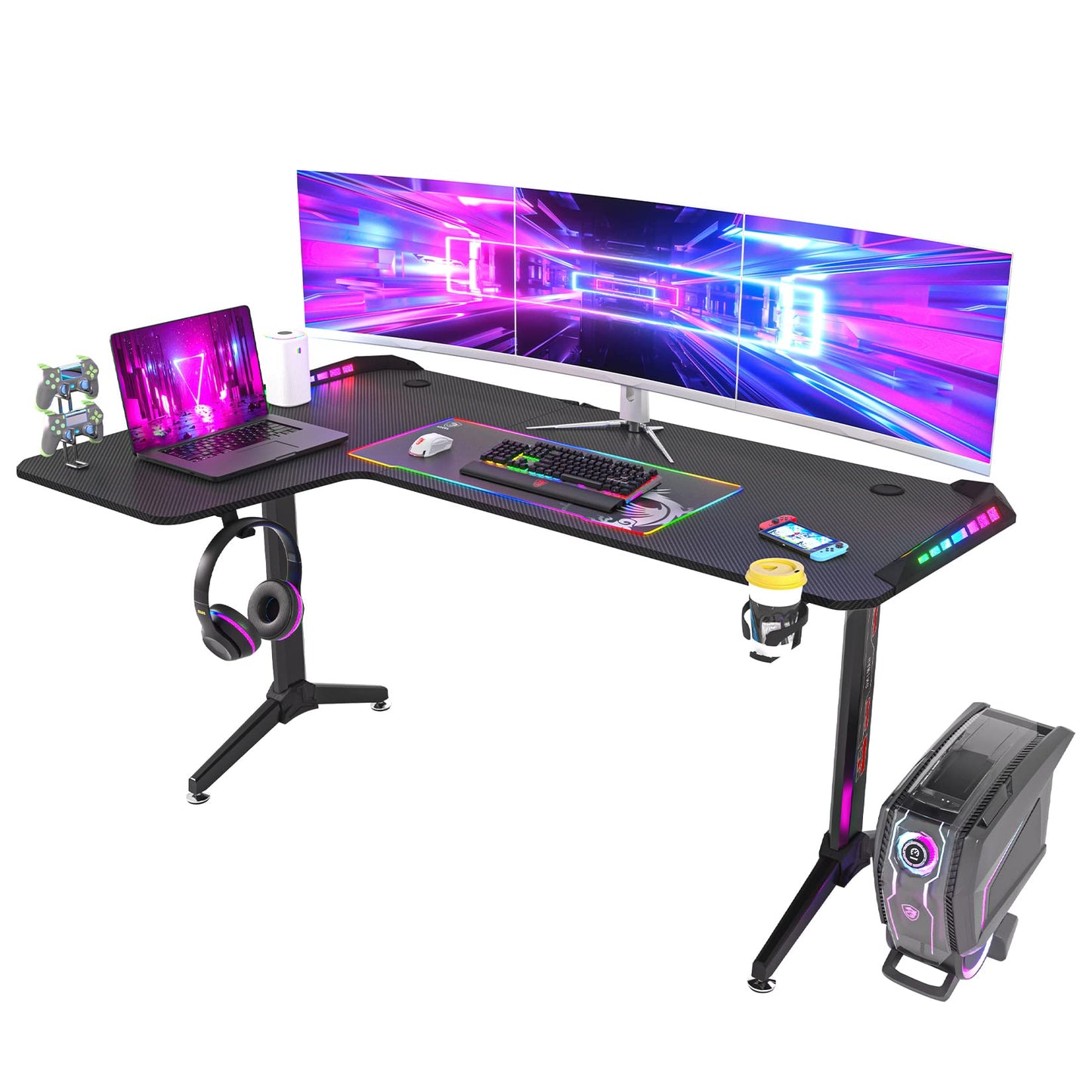 L-Shaped Gaming Desk Computer Workstation: 160 x 100cm Large Corner Game Table Carbon Fiber Black Desktop Gamer Desks with 6 Colors 8 Modes RGB Light Cable Management Box Headphone Hook and Cup Holder