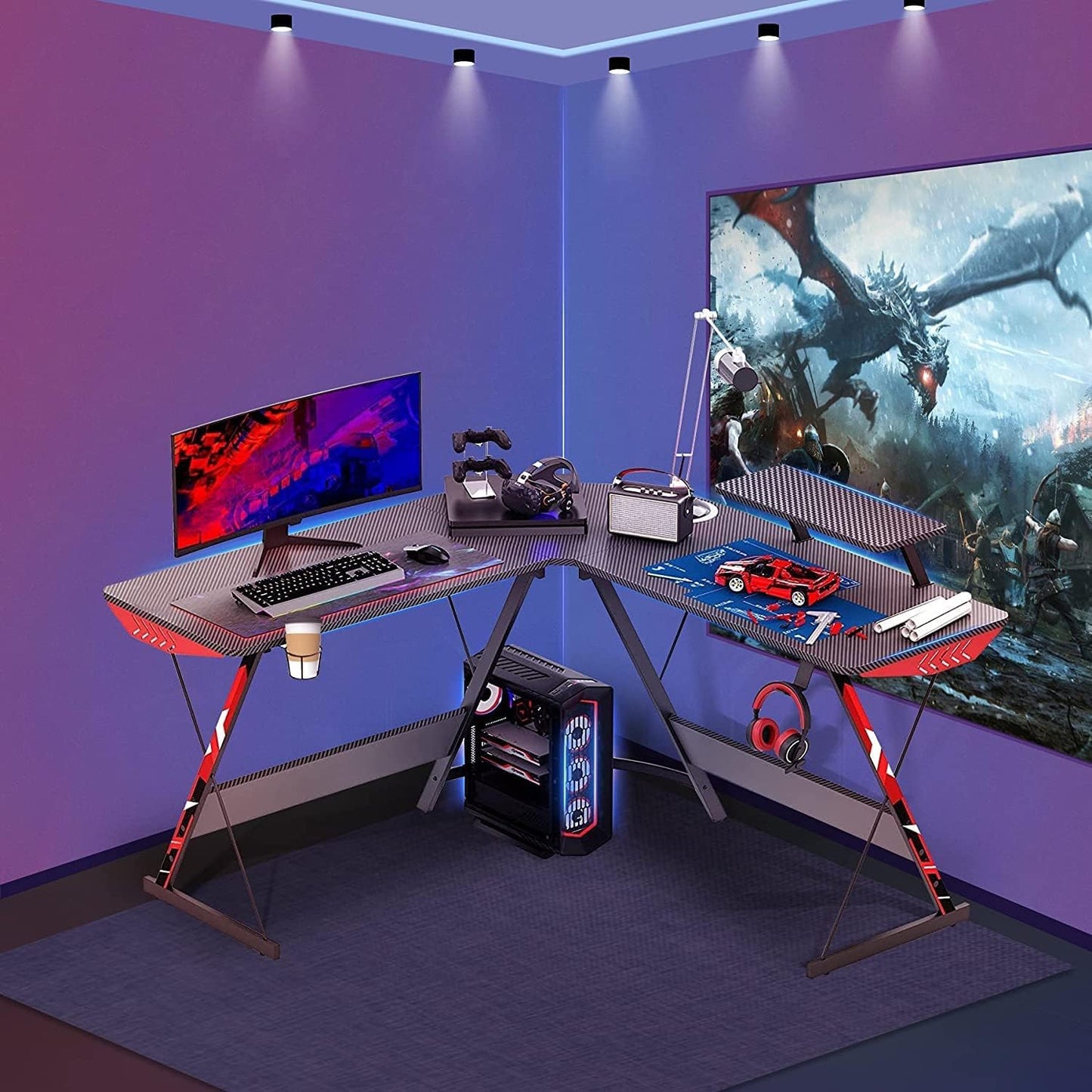 L Shaped Gaming Desk 130cm L Shaped Desk, Carbon Fiber Coated, Computer Corner Desk with Large Monitor Riser Stand for Home Office, Sturdy Writing Workstation, Gaming Desk with Shelf, Black