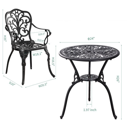 Withniture Bistro Table and Chairs Set of 2 Outdoor 3 Piece Bistro Sets Cast Aluminum Patio Bistro Set with Umbrella Hole, Patio Set for Garden, Black