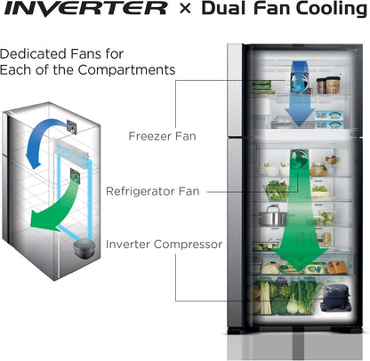 Hitachi 410L Gross, Net 330L Bottom Mount Double Door Refrigerator 10 Year Warranty on Inverter Compressor, Refrigerator Dual Fan Cooling Hybrid Freezing Big Bottle Shelf Gradation Gray RBG410PUK6XXGR