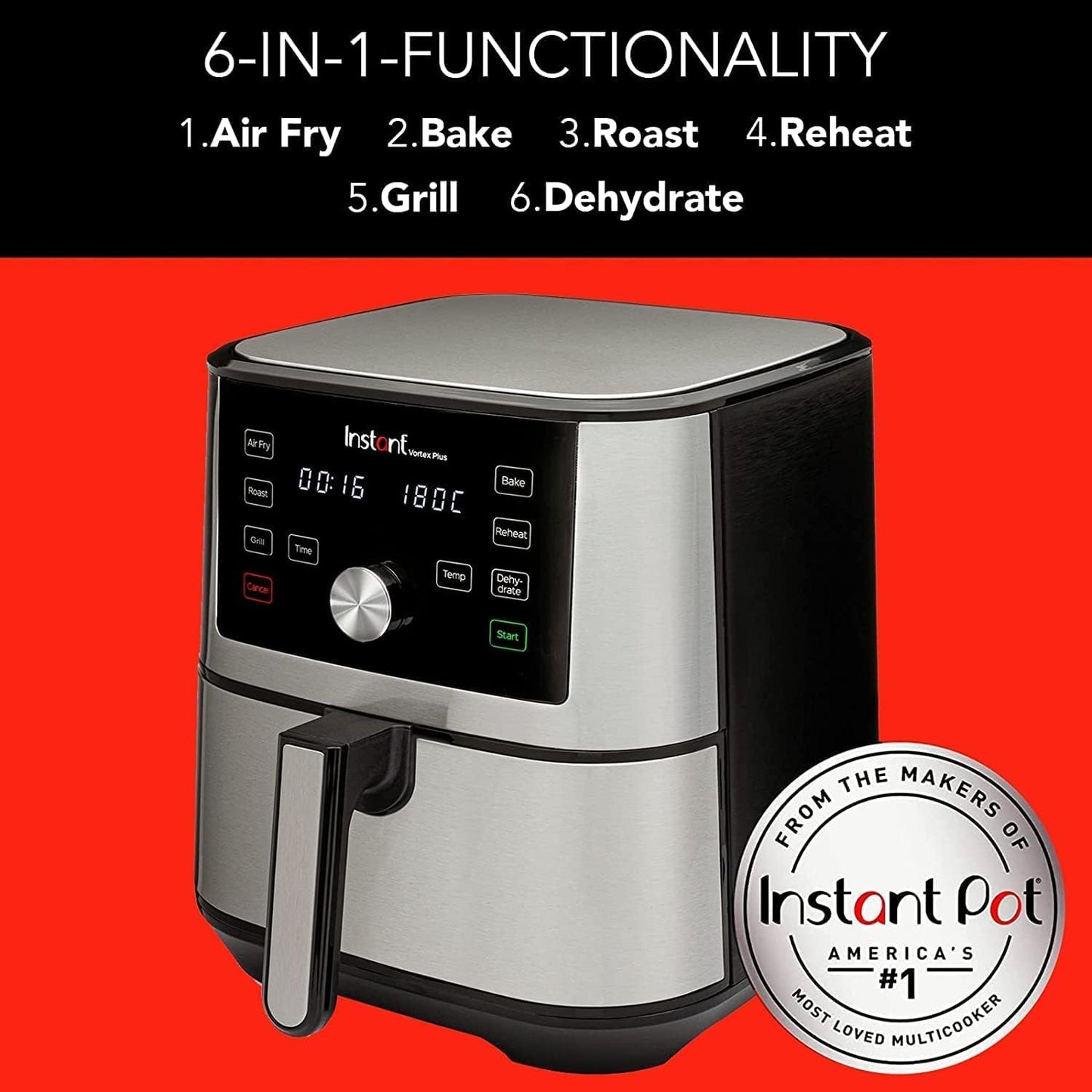 Instant Vortex 5.7L, 1700W Digital Air Fryer Single ClearCook Drawer and 6 Smart Programmes - Air Fry, Bake, Roast, Grill, Dehydrate, Reheat, 2 Years Manufacturer's Warranty