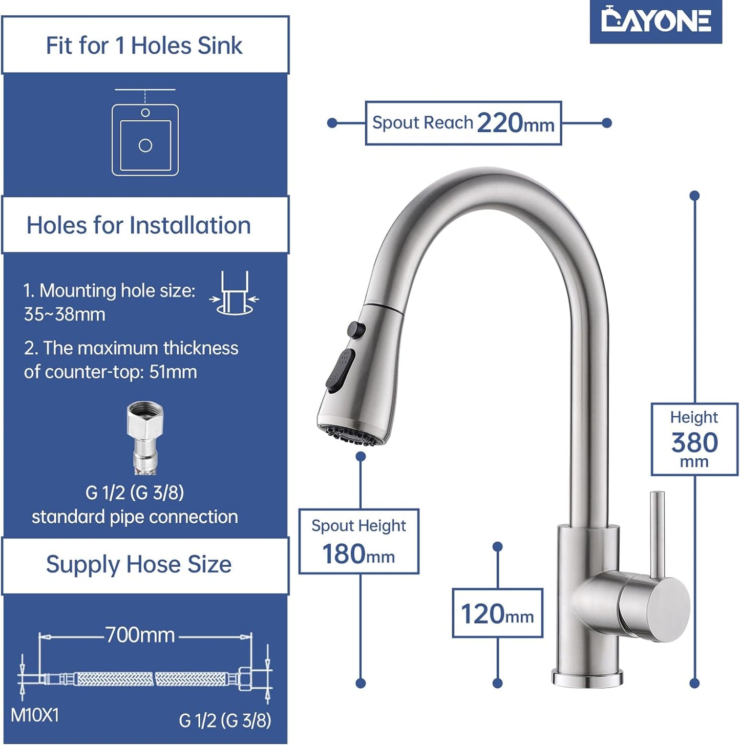 DAYONE Chrome Kitchen Faucet with Pull Down Sprayer, Single Handle Kitchen Mixer with 3 Water Modes Stainless Steel Kitchen Taps