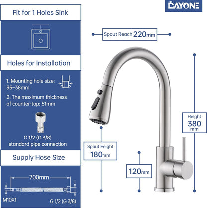 DAYONE Chrome Kitchen Faucet with Pull Down Sprayer, Single Handle Kitchen Mixer with 3 Water Modes Stainless Steel Kitchen Taps