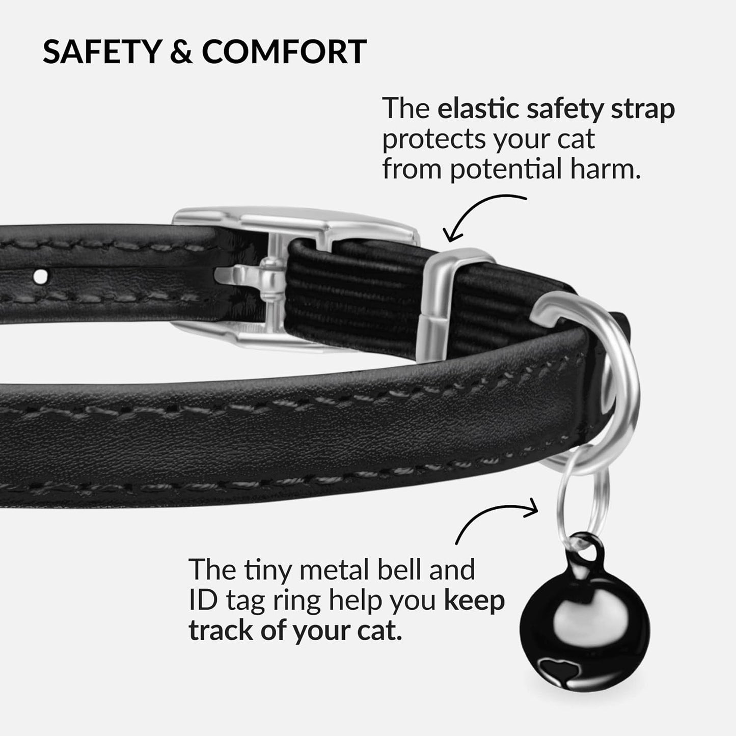 CollarDirect Leather Cat Collar with Elastic Safety Strap and Bell for Boy, Girl, Kitten (Neck Fit 9"-11", White)