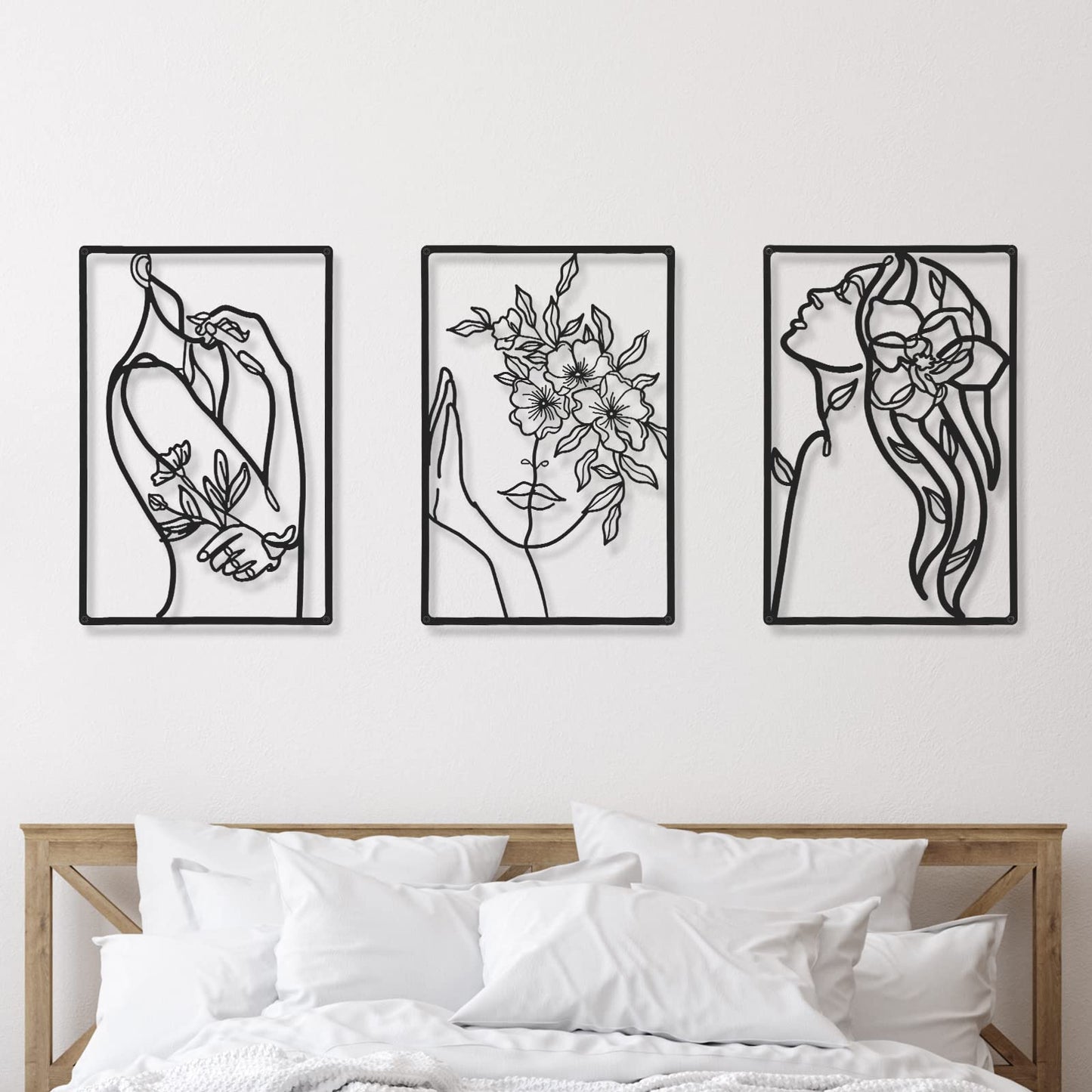 CHENGU 3 Pieces Metal Minimalist Abstract Woman Wall Art Line Drawing Wall Art Decor Single Line Female Home Hanging Wall Art Decor for Kitchen Bathroom Living Room (Black, Hand)