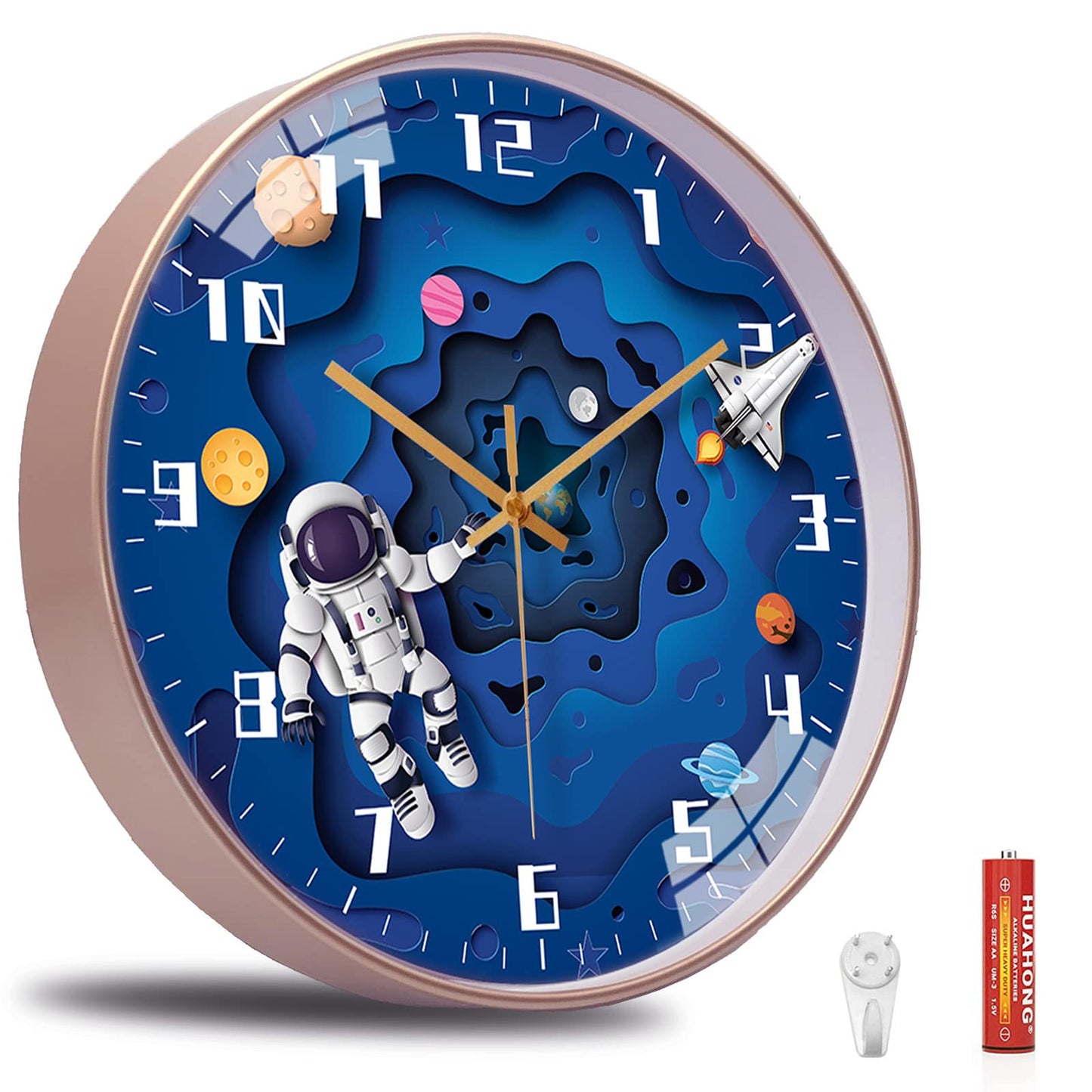 QINFIEY 12 Inch Silent Movement Kids Wall Clock, Non Ticking Children Round Wall Clock Battery Operated Space Travel Style Decor Children Clock for Home School Boys Bedroom Living Room (Blue)