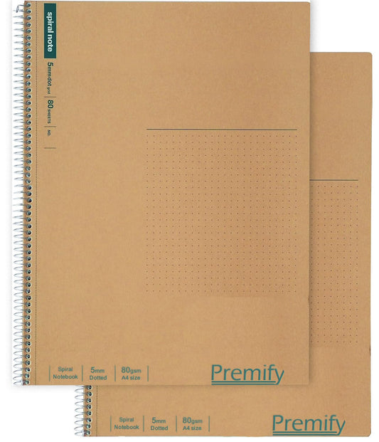 Premify 2pcs Set Spiral Dotted Notebooks, 5mm Dot Grid (A4), Note Basic 8.98 x 11.69 inches, 100 Sheets 0.5mm Hole 19.1mm Coil Writing Paper 80gsm Suitable for Maths and School Supplies