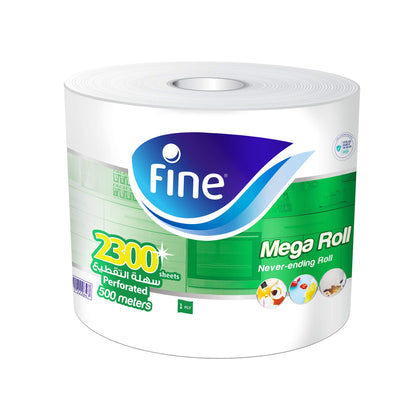 Fine® Kitchen paper towel roll, 2300 sheets X 1 ply of 500meters. Fine Mega roll, sterilized tissues for germ protection, Half Perforated