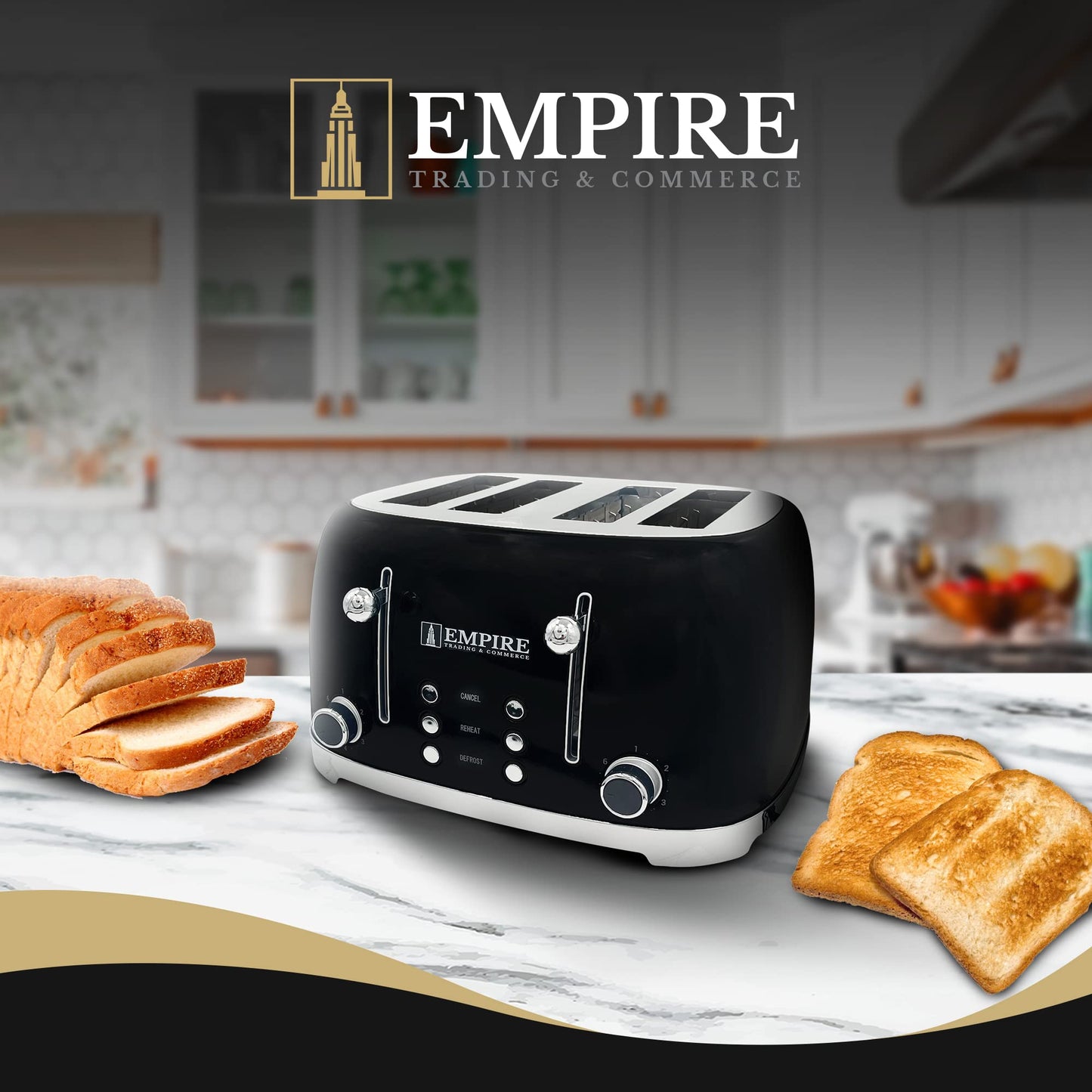 Empire Toaster 4 Slice 1600W, Black Stainless Steel Toaster for Various Bread Types, Dual Control Panels for Reheat, Defrost, Cancel, and Self-Centering Functions, 4 Slice Toaster with Crumb Tray