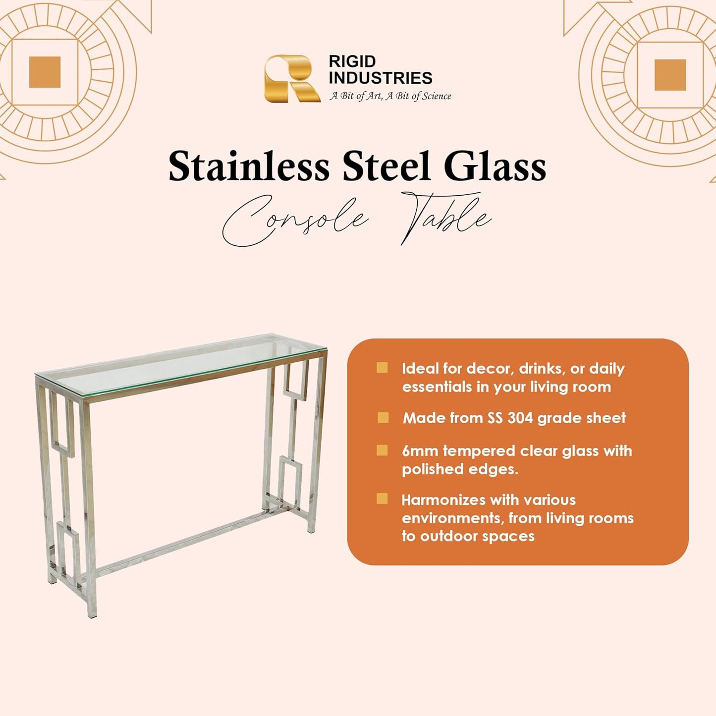 RIGID Console Table | Corner End Table with Stainless Steel Frame and Glass Top for Living Room, Office