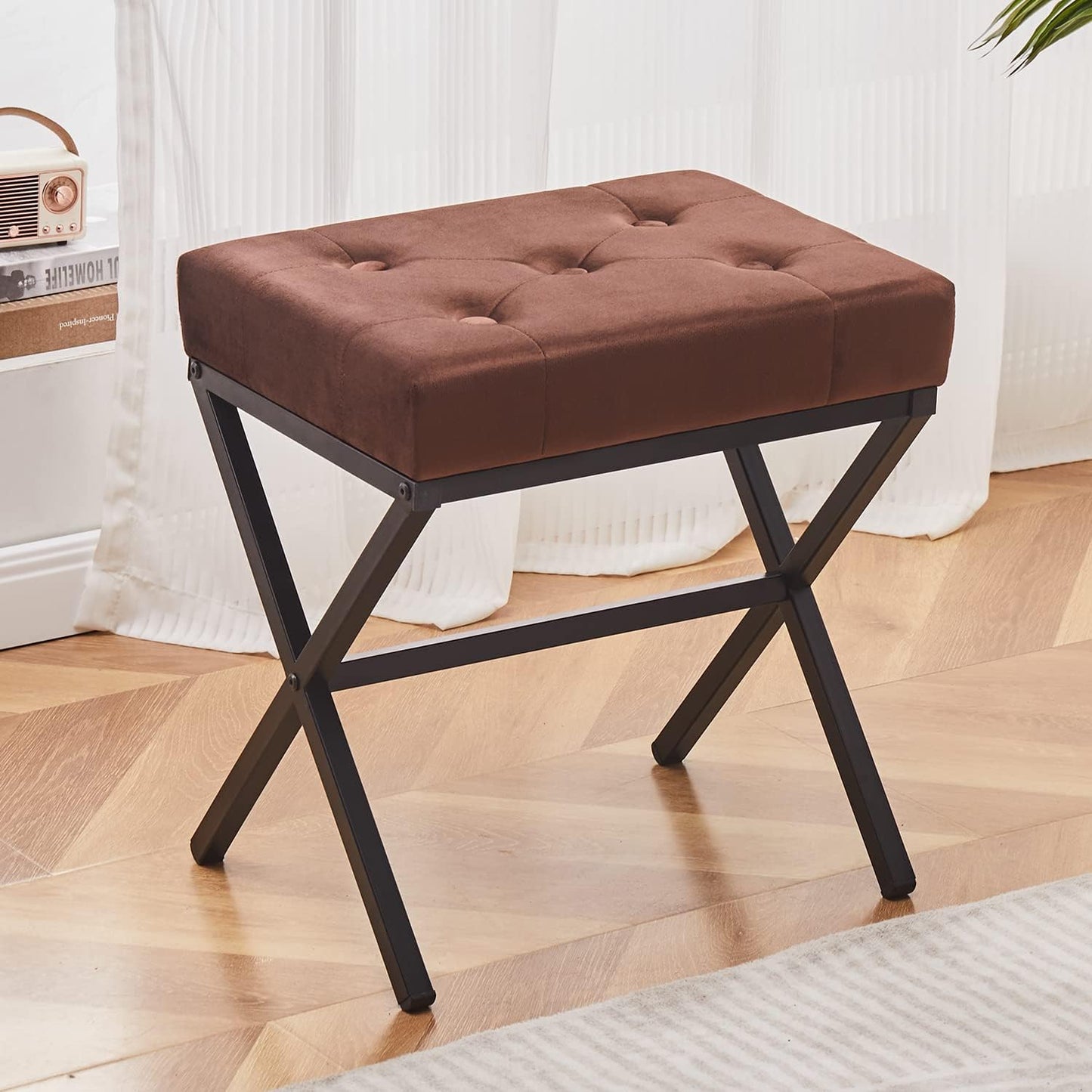 Cpintltr Ottoman Foot Stool Tufted Vanity Stool Ottomans Thickened Cushion Footstool Mulifunctional Shoe Changing Seat Step Stools with Metal X Leg for Living Room Bedroom Faux Leather Black