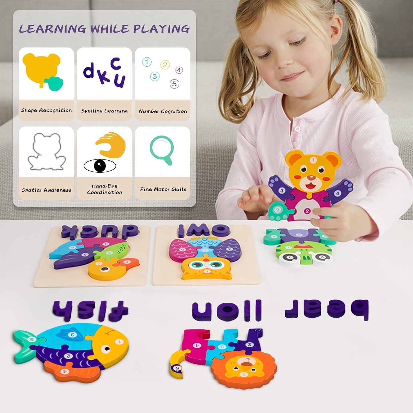 6 Pack Wooden Puzzles for Toddlers, Toddler Puzzles with Animal Shapes Alphabet Spelling Puzzles Preschool Educational Toys Animal Shape Puzzles Educational Early Learning Activities for 1-3 Kids