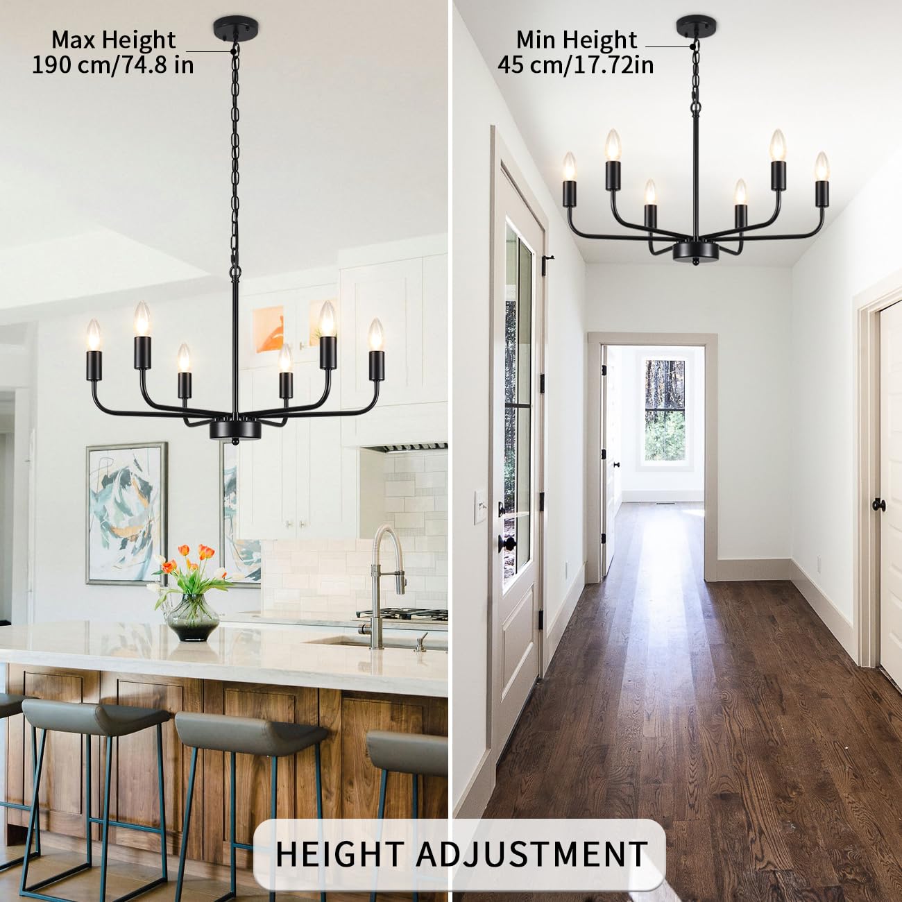 MRHYSWD Black Chandeliers Ceiling Lights Living Room, 6 Lights Pendant Light Fitting Industrial Ceiling Lighting for Kitchen Dining Room Bedroom Hall, Height Adjustable, E14 Bulbs (Exclude)