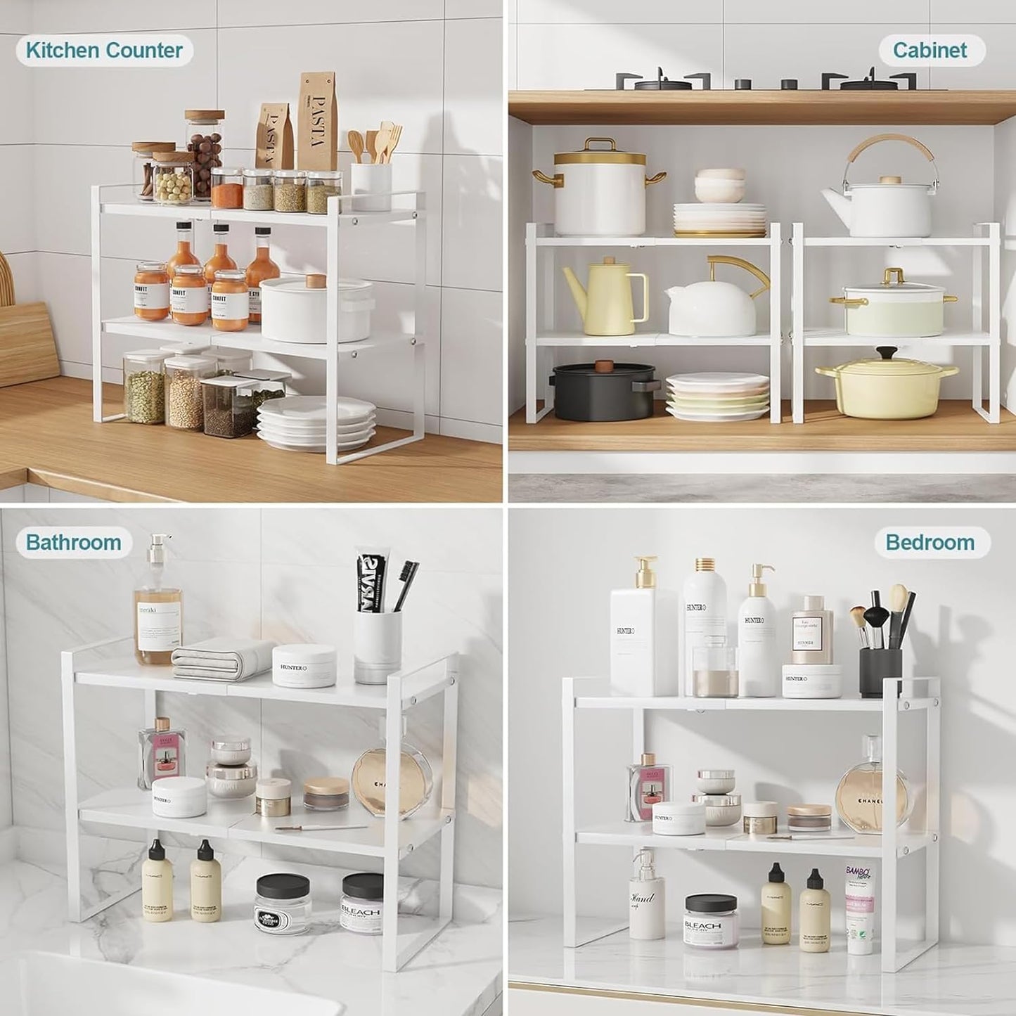 U-HOOME Expandable Cabinet Shelf Organiser Storage Rack 2 Tier, Kitchen Cabinet Organizer Shelf, Cupboard Stand Spice Rack, Stackable Heavy Duty Plate Pantry Shelves Space Riser for Kitchen (White)