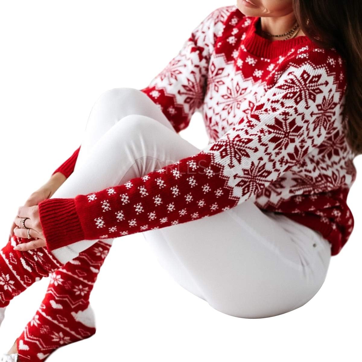 Women Sweater Christmas Oversized Pullover Sweaters Reindeer Snowflake Graphic Long Sleeve Crew Neck Knit Tops