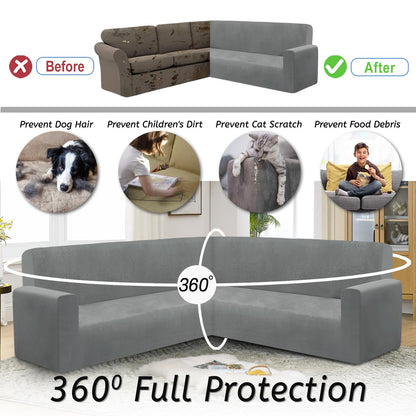 HDCAXKJ Luxury Velvet Sectional Couch Covers Thick Stretch L Shaped Corner Sofa Slipcover Universal Non Slip U Shape Sectional Sofa Cover Furniture Protector Machine Washable (Ash Gray, X-Large)