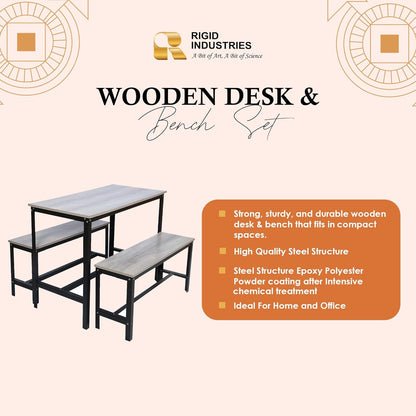 RIGID Wooden Dining Room Set, Durable Steel Frame, Industrial Design for Kitchen, Dining Room, Living Room Furniture (Wooden Desk and Bench Set)