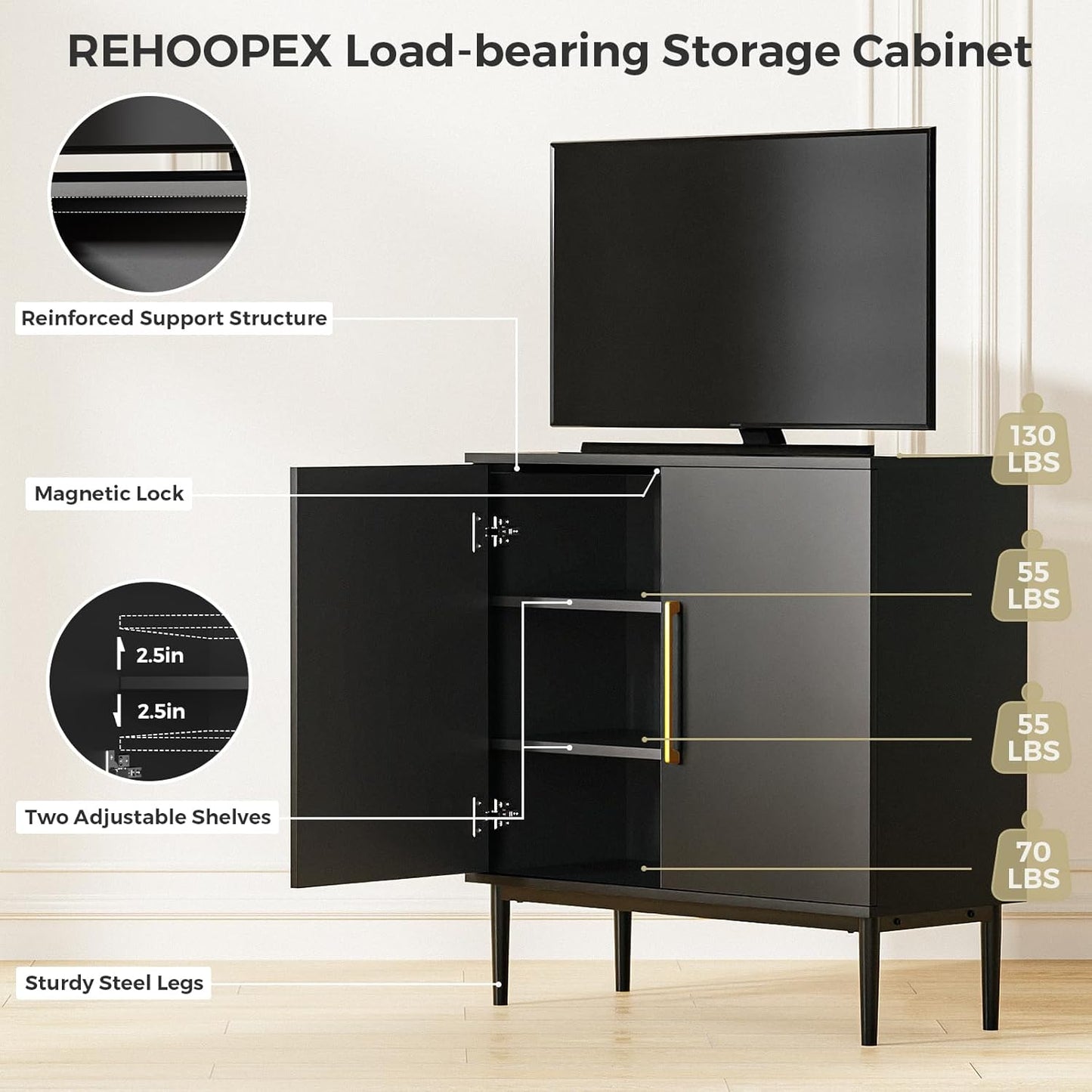 REHOOPEX Balck Storage Cabinet, Modern Buffet Cabinet with Two Adjustable Shelve, Free Standing Sideboard and Buffet Storage, Wood Cabinet for Living Room, Kitchen, Bedroom or Hallway (Two Shelves)