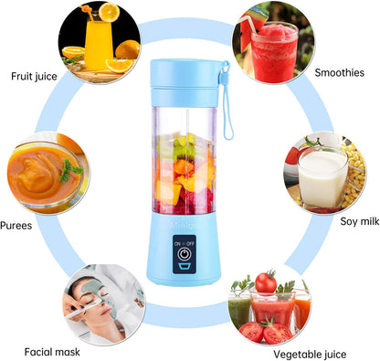 Portable 6 Blades in 3D Juicer Cup,Updated Version Rechargeable Juice Blender Magnetic Secure Switch Electric Fruit Mixer for Superb Mixing 380ml (blue), Large