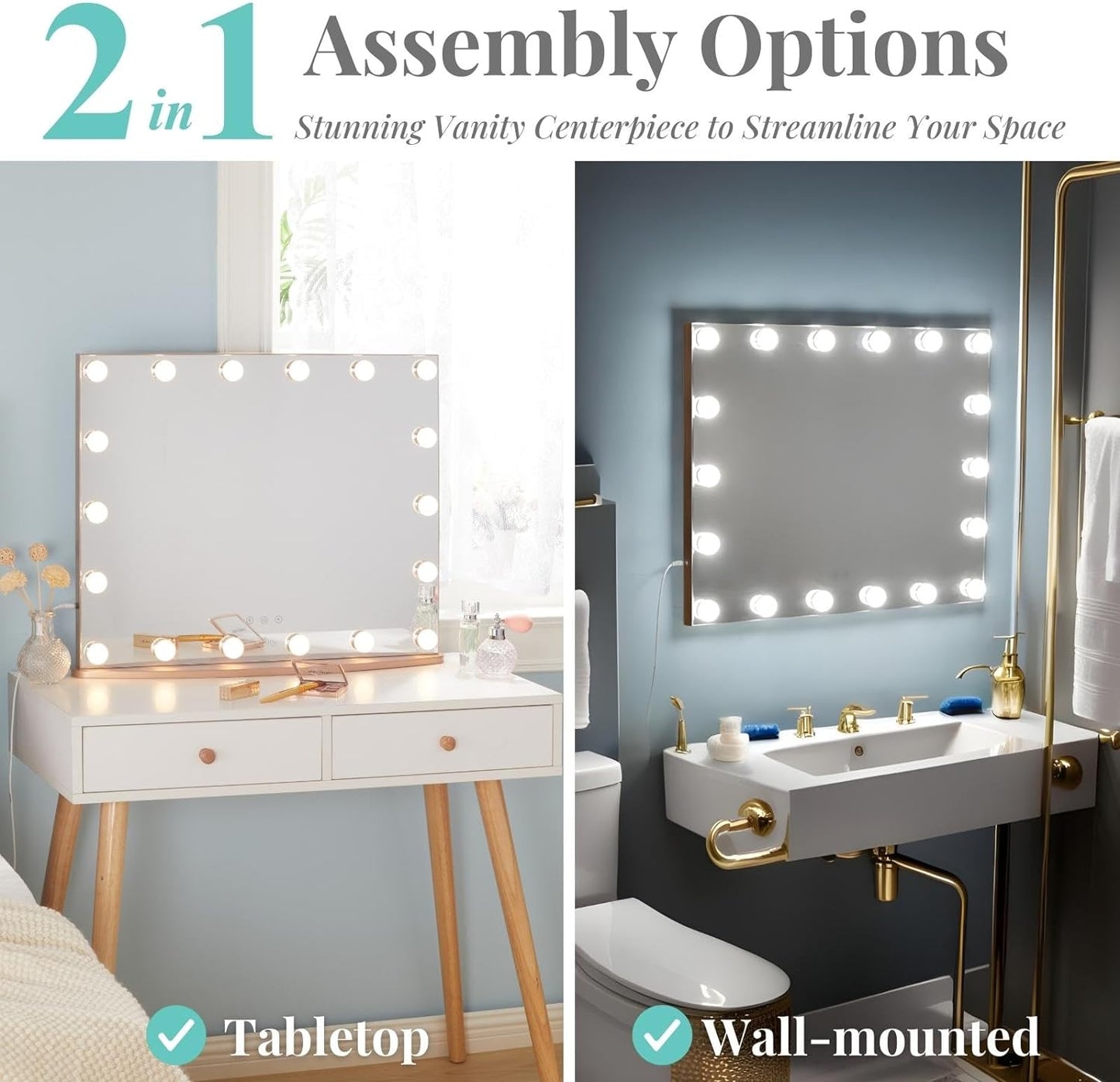 LUXFURNI Vanity Mirror with Makeup Lights, Large Hollywood Light up Mirrors w/ 18 LED Bulbs for Bedroom Tabletop & Wall Mounted (26Wx21L, Black)