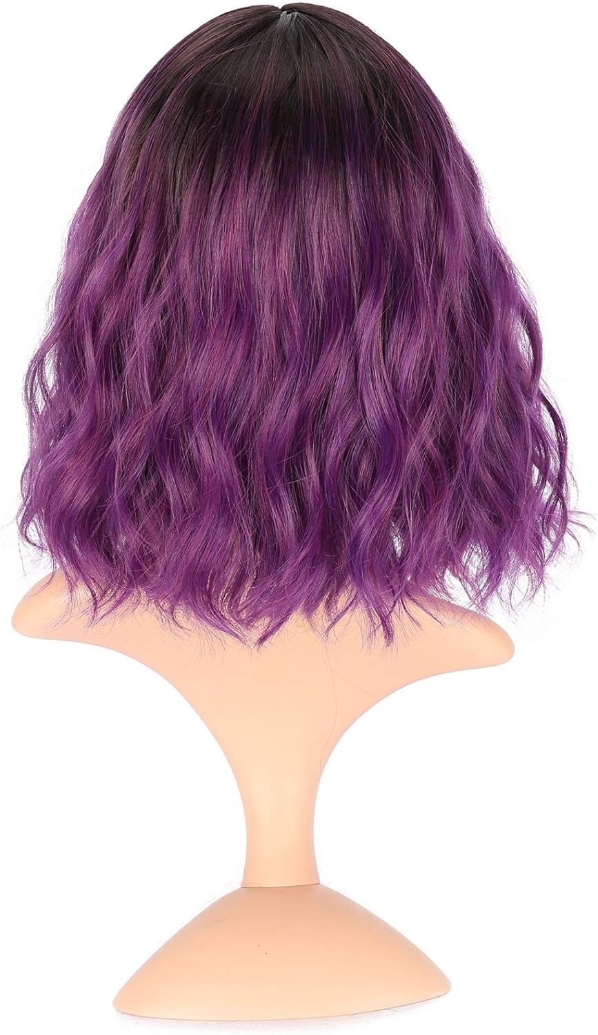 VCKOVCKO Ombre Color Natural Wavy Bob Wig With Air Bangs Short Bob Wigs Women's Shoulder Length Wigs Black to Pink Purple Curly Wavy Synthetic Cosplay for Girl Colorful Wigs(12",Black to WineRed)