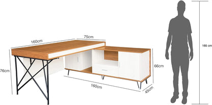 Mahmayi Zelda M225-16 Modern Executive Desk with Check Writing Ledge, Underneath Storage Cubby, Locking Drawer, and Storage Cabinet - Office Furniture for Productivity - Walnut/White (160cm)