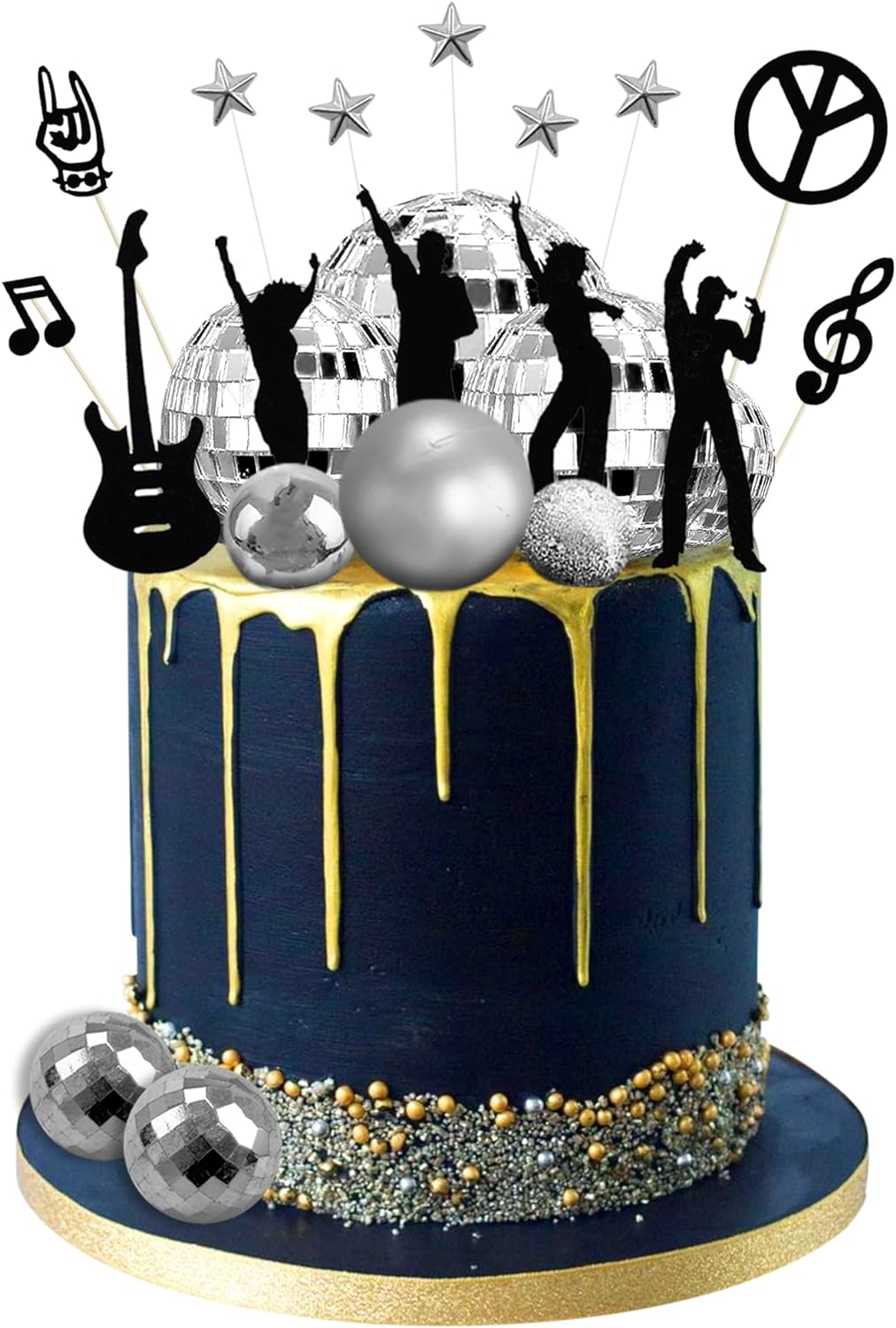 28PCS Disco Balls Cake Toppers 70s 80s Instrument Silhouette Cupcake Toppers Gold Sliver Balls Decorations for Disco Theme Party 70s 80s Disco Cake Men Women Fever Dance Birthday Party Supplies