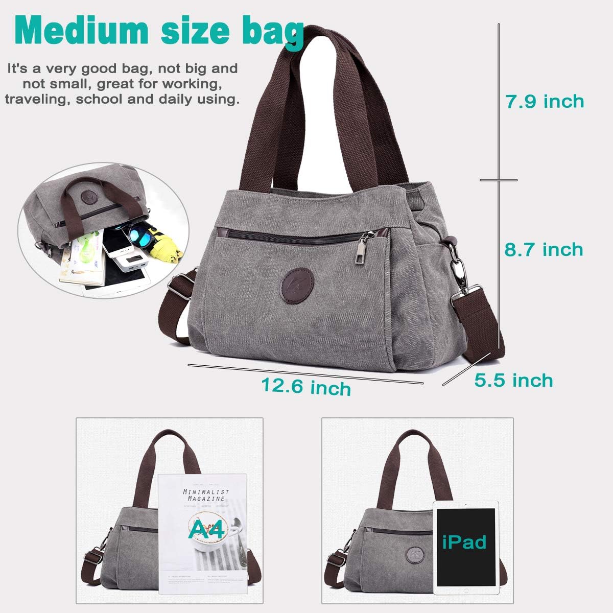 DOURR Hobo Handbags Canvas Crossbody Bag for Women, Multi Compartment Tote Purse Bags