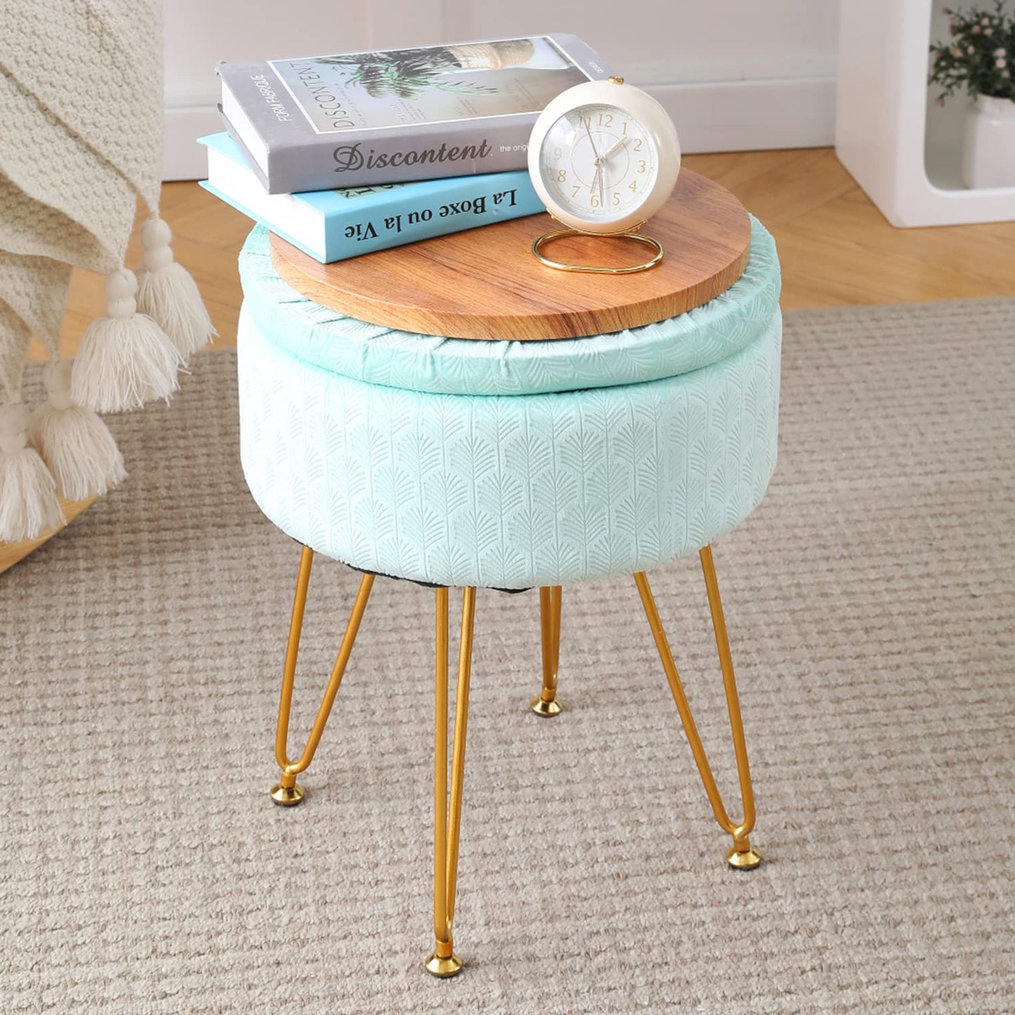 Cpintltr Footrest Footstools Round Velvet Ottoman with Storage Space Soft Vanity Chair with Memory Foam Seat Small Side Table Hallway Step Stool 4 Gold Metal Legs with Adjustable Footings Champagne