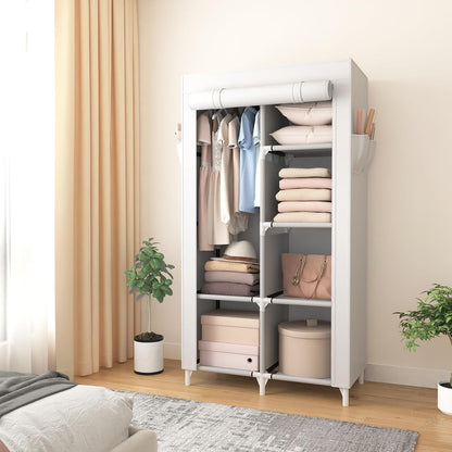 ROJASOP Portable Closet Wardrobe Closet for Hanging Clothes with 6 Storage Shelves, 1 Hanging Rod and 4 Pockets, Free Standing Closet Clothes Organizer for Bedroom, Sturdy and Easy Assemble