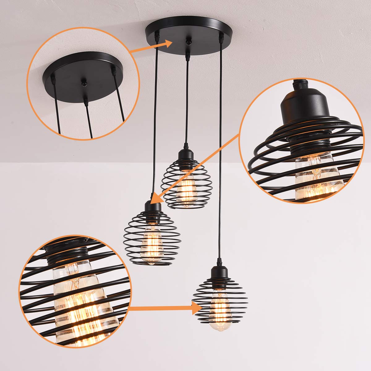 Ganeed Industrial Pendant Light, 3-Light Vintage Chandeliers Hanging Pendant Lighting Fixtures, Adjustable Height Pendant Ceiling Lamp with Metal Cage for Kitchen Living Dining Room Bedroom Hallway