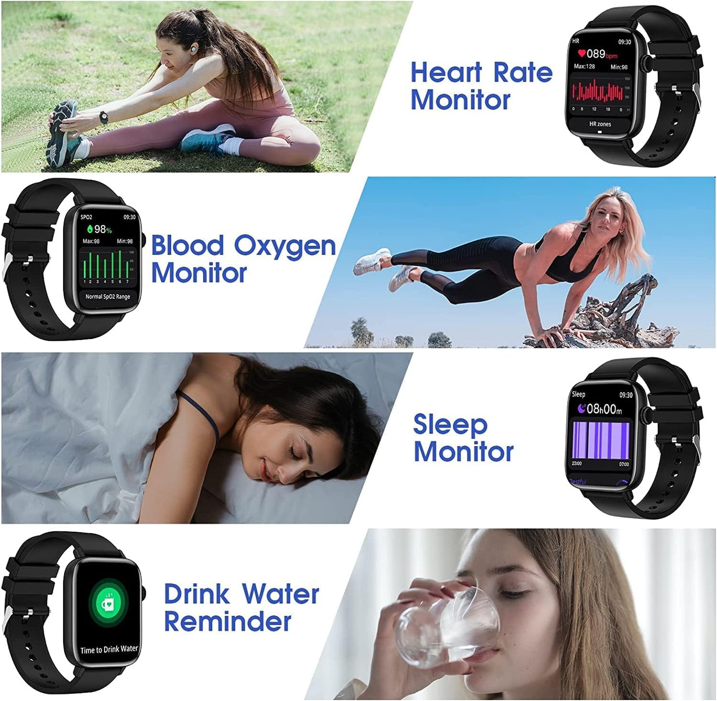 Sport Smart Watch, Azonee 1.85" Smartwatch Fitness Tracker for Android iOS Phones with Blood Pressure Heart Rate Tracking, Answer/Make Call, Sport Modes Sleep Monitor Step Counter for Women Men, Black