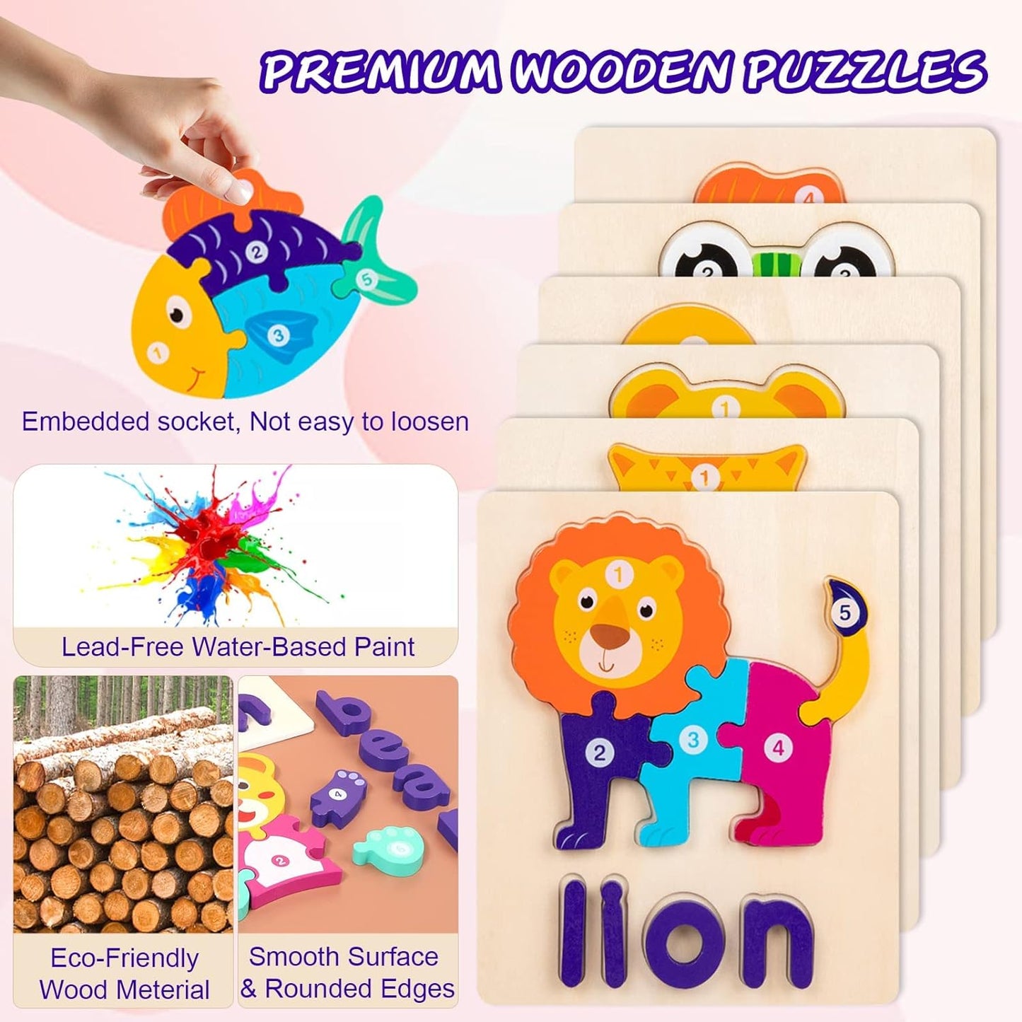 6 Pack Wooden Puzzles for Toddlers, Toddler Puzzles with Animal Shapes Alphabet Spelling Puzzles Preschool Educational Toys Animal Shape Puzzles Educational Early Learning Activities for 1-3 Kids