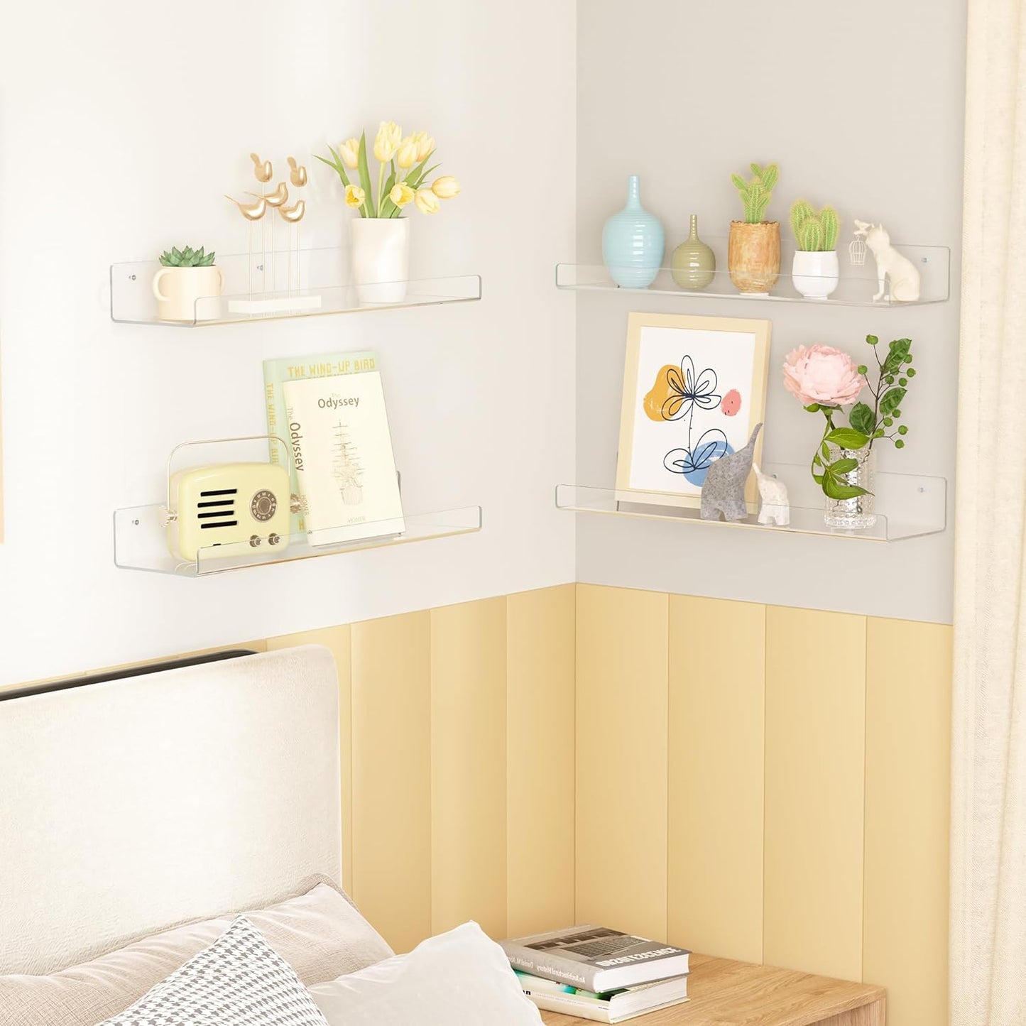 upsimples 2 Pack Acrylic Shelves for Wall Storage, 15" Floating Bookshelves for Kids, Display Shelf Organizer for Bathroom, Bedroom, Living Room, Kitchen, Room Decor, Clear