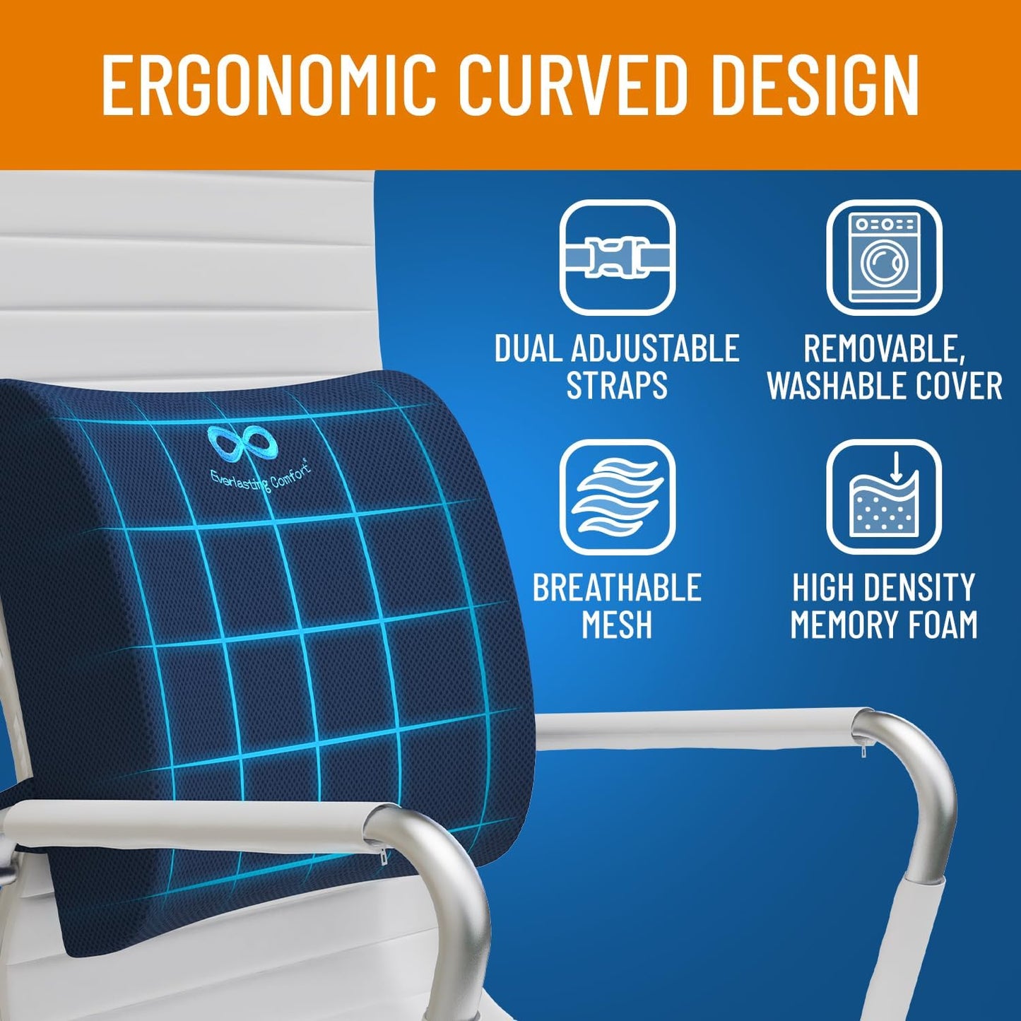 Everlasting Comfort The Original Lumbar Support Pillow - Improves Posture, Promotes Back Pain Relief - Superior Office Chair Back Support for Gaming and Desk Chairs - Lumbar Pillow for Car, Couch