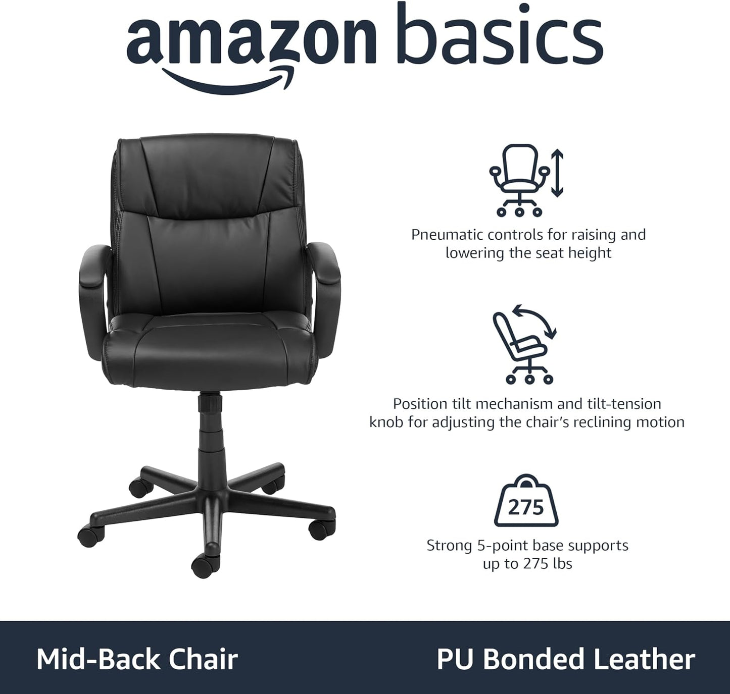 Amazon Basics Padded Office Desk Chair with Armrests, Adjustable Height/Tilt, 360-Degree Swivel, 124.7 kilograms Capacity, 61.46 x 60.96 x 88.39 centimeters, Black