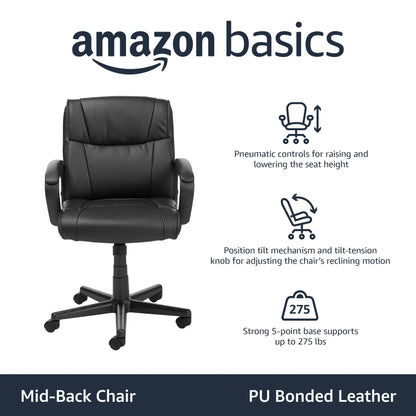 Amazon Basics Padded Office Desk Chair with Armrests, Adjustable Height/Tilt, 360-Degree Swivel, 124.7 kilograms Capacity, 61.46 x 60.96 x 88.39 centimeters, Black