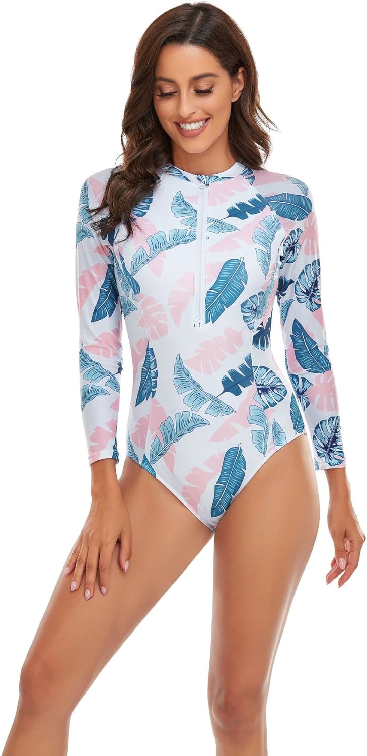 Women One Piece Swimsuit Printed Zipper Slim Long Sleeve Swimwear Bathing Suit