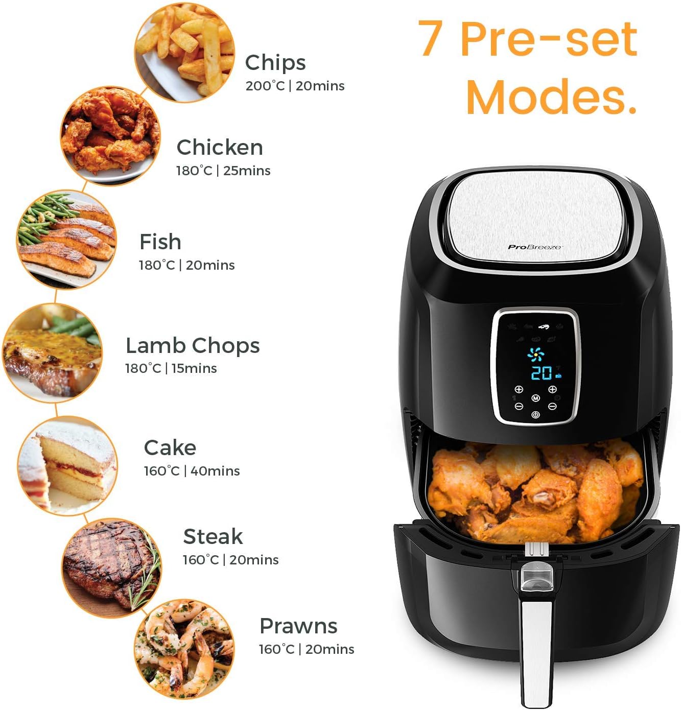 Pro Breeze Air Fryer 4.2L 1400W With Digital Display Timer And Fully Adjustable Temperature Control For Healthy Oil Free & Low Fat Cooking 4.2L Black