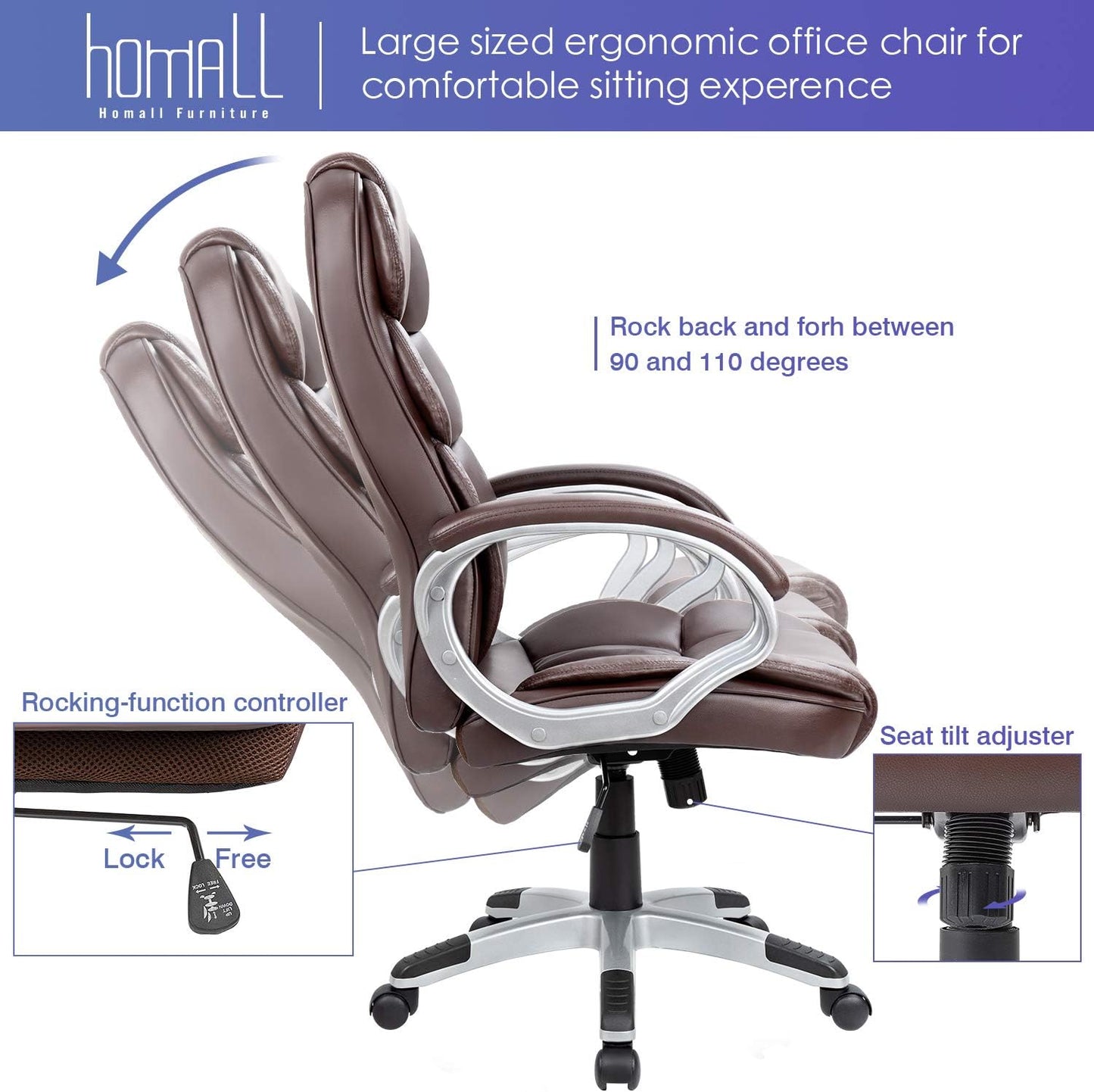 Homall Office Chair High Back Computer Desk Chair, PU Leather Adjustable Height Modern Executive Swivel Task Chair with Padded Armrests and Lumbar Support (Black)