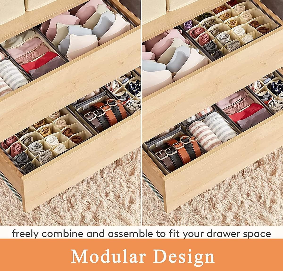 ECVV 4 Pcs Underwear Drawer Organizer Storage Divider, Foldable Storage Boxes Cabinet Closet Drawer Organizers for Clothes, Bras, Lingerie, Socks, Undies, (Khaki)