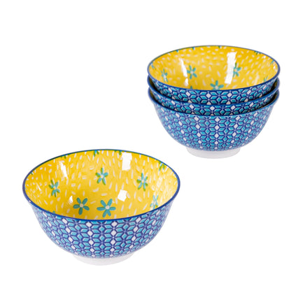 Techplus Set of 4 Blue Geometric Ceramic Bowls – 6.25 Inch Yellow Interior – Microwave, Dishwasher, Oven Safe – Ideal for Salads, Pasta, Soup – Modern Kitchen Gift