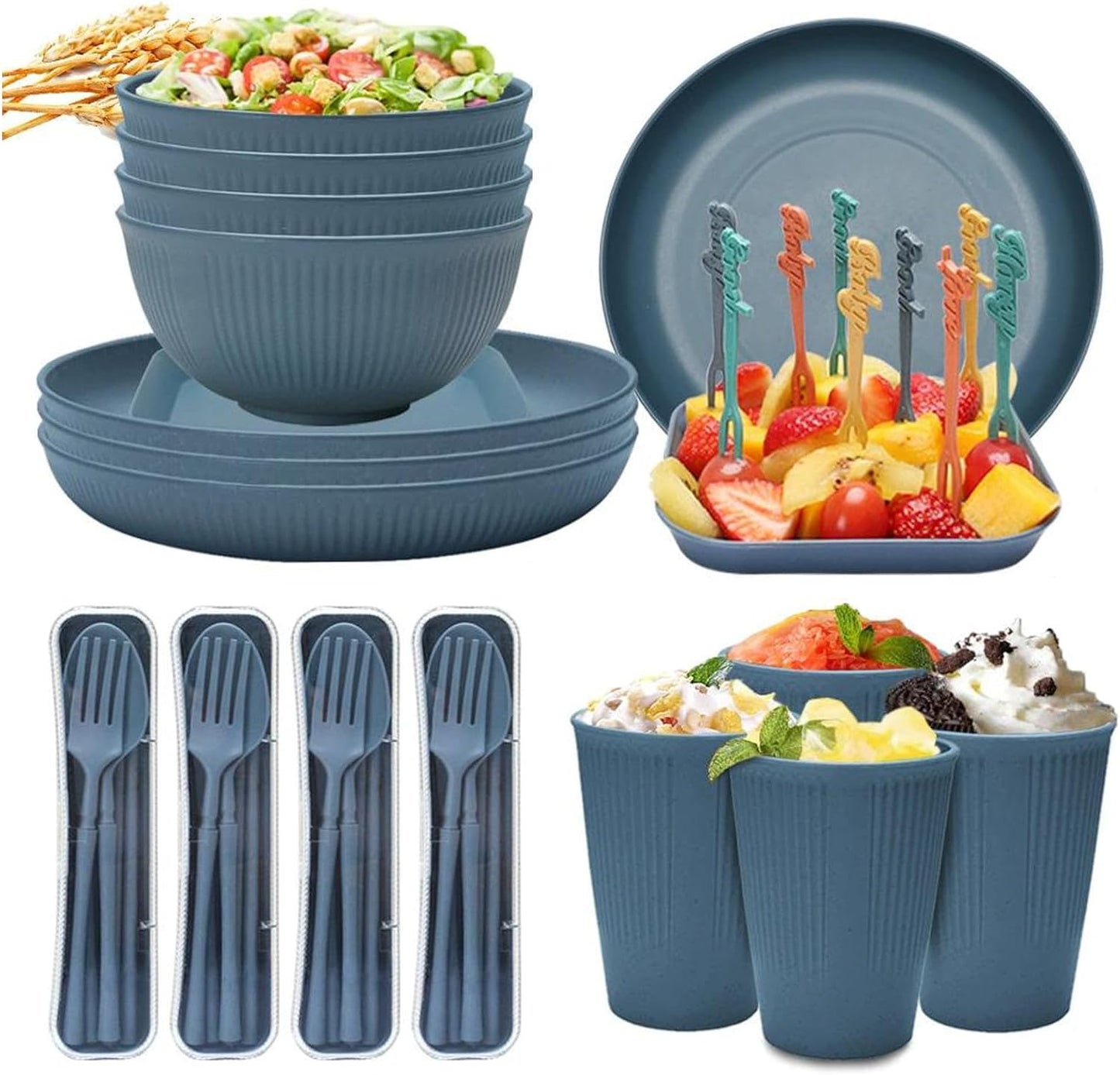 28-Piece Unbreakable Plastic Dinnerware Set - Lightweight, Colorful, and Durable Dining Set for Camping, Picnics, and More