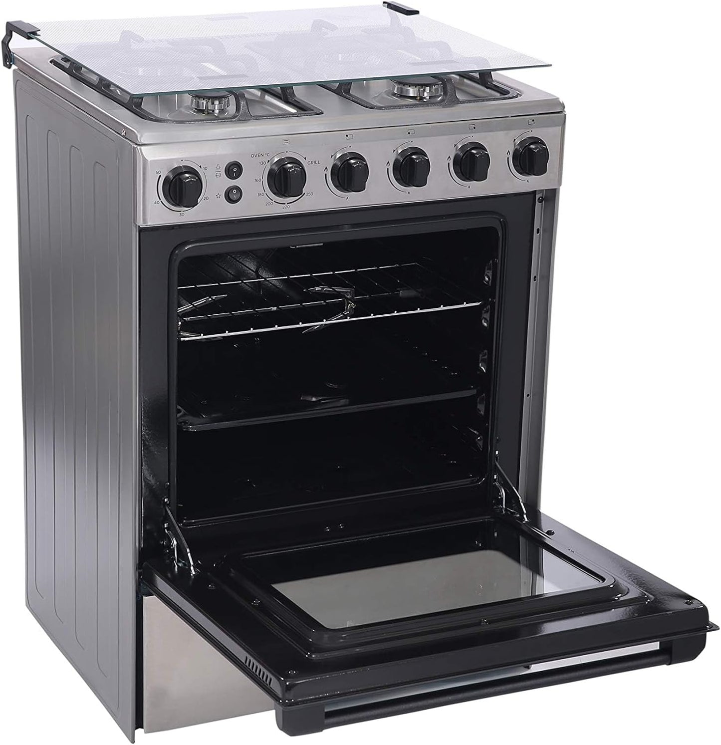 Midea 60x60cm Freestanding Cooker, Full Gas Cooking Range with 4 Burners, Automatic Ignition & Safety, Cast Iron Pan Support, Stainless Steel Finish, Separate Knob for Oven Grill, BME62058FFD-D