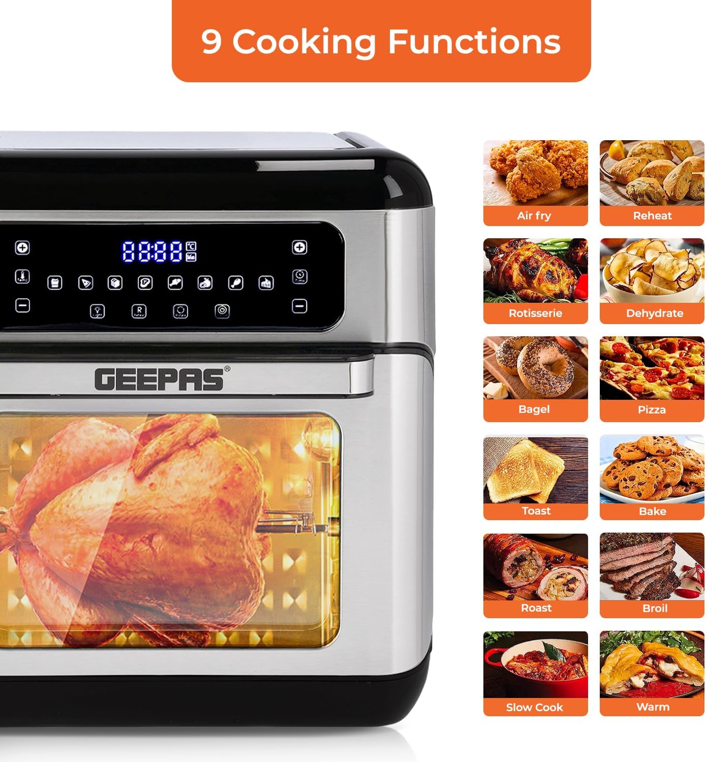 Geepas 9.2L Digital Air Fryer with Vortex – Family-Sized 9-in-1 Convection LED Touchscreen, 60 Minutes Timer & Non-Stick Basket Oil Free Toaster Oven | 2 Years Warranty